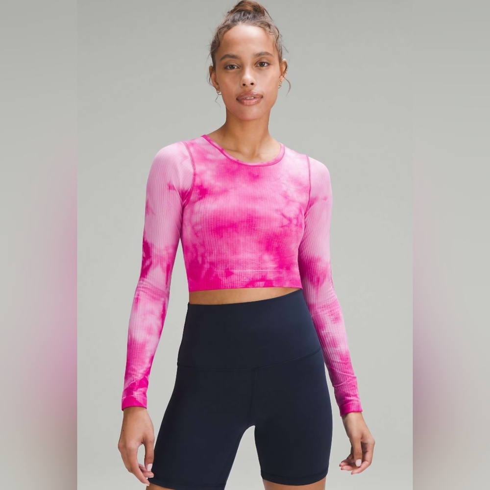 Lululemon Athletica Ebb To Street Marble-Dye Ribbed LS Crop Top- In Sonic Pink!